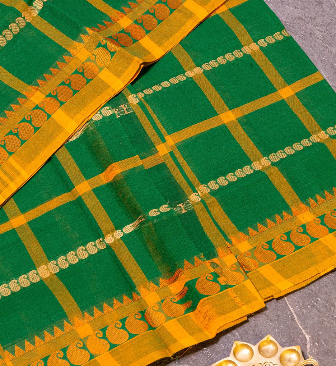 Vibrant Ethnic Charm: Adorn Yourself with the Green and Yellow Checks Thread Border Chettinad Cotton Saree. - swadeshsouq.com