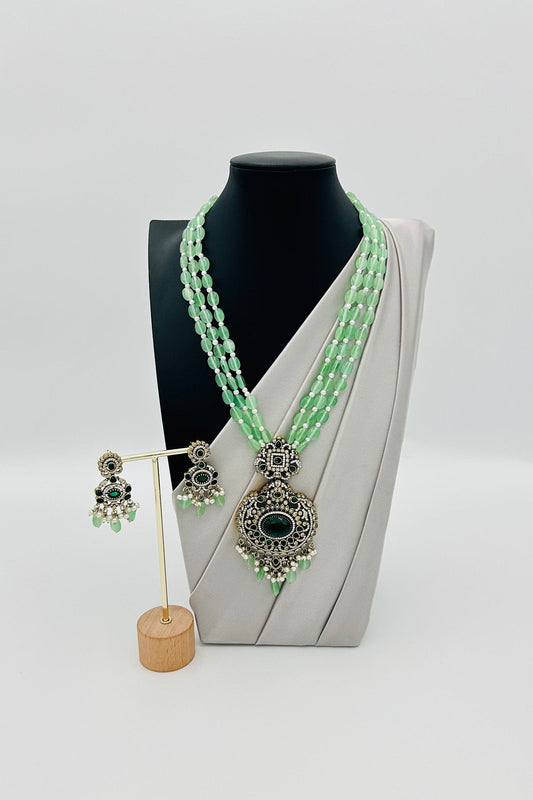 Victorian Sea Green Necklace Set with Brass Pendant - swadeshsouq.com