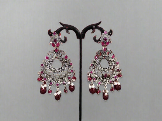 Vintage Charm - Intricately Crafted Oxidised Silver Chandbali Earrings Embossed with Stones and Pearls. - swadeshsouq.com