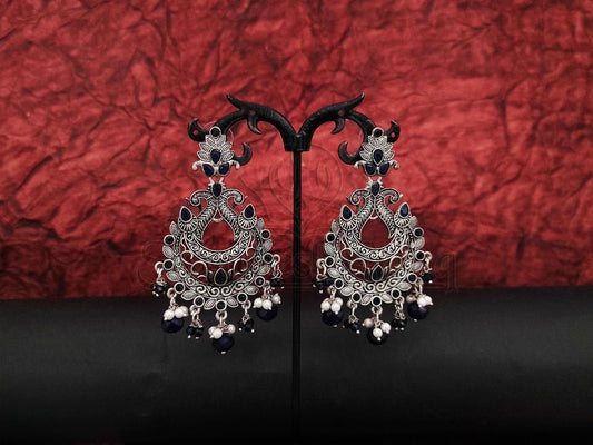 Vintage Charm - Intricately Crafted Oxidised Silver Chandbali Earrings Embossed with Stones and Pearls. - swadeshsouq.com