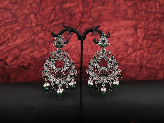 Vintage Charm - Intricately Crafted Oxidised Silver Chandbali Earrings Embossed with Stones and Pearls. - swadeshsouq.com