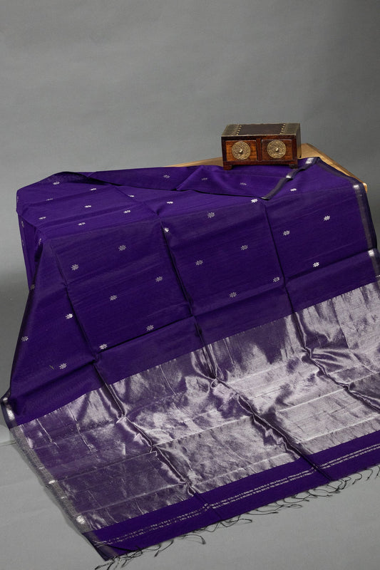 Violet Radiance: Maheshwari Silk-Cotton Saree with Silver Sheer Butti - swadeshsouq.com