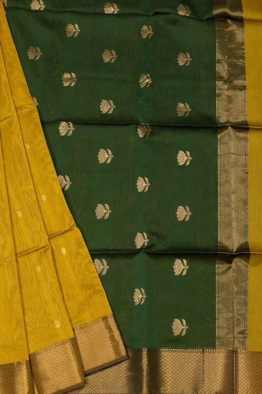 Yellow and Green Maheshwari Silk-Cotton Saree with Contrast Lotus Butti Pallu - swadeshsouq.com