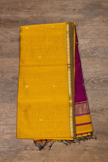 Yellow and Purple Maheshwari Silk-Cotton Saree With Sheer Butti - swadeshsouq.com