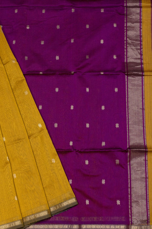 Yellow and Purple Maheshwari Silk-Cotton Saree With Sheer Butti - swadeshsouq.com