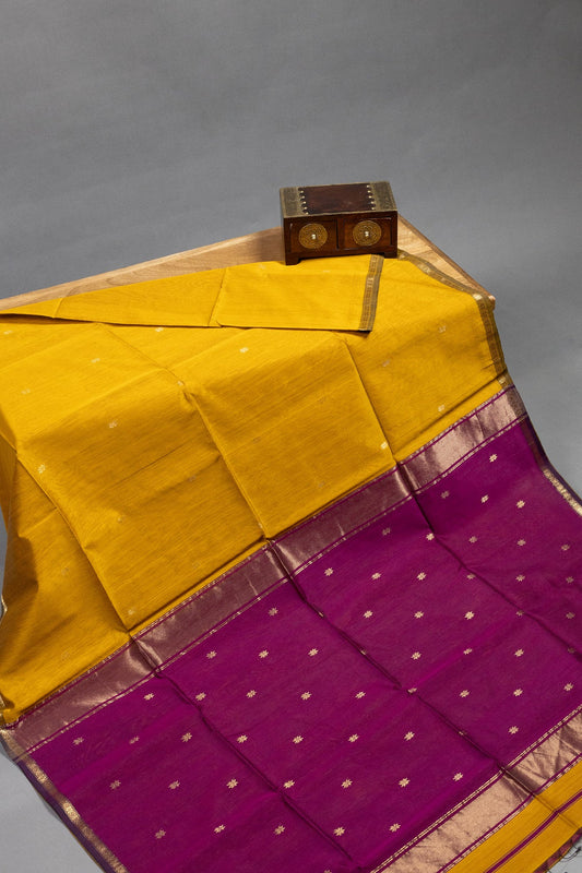 Yellow and Purple Maheshwari Silk-Cotton Saree With Sheer Butti - swadeshsouq.com