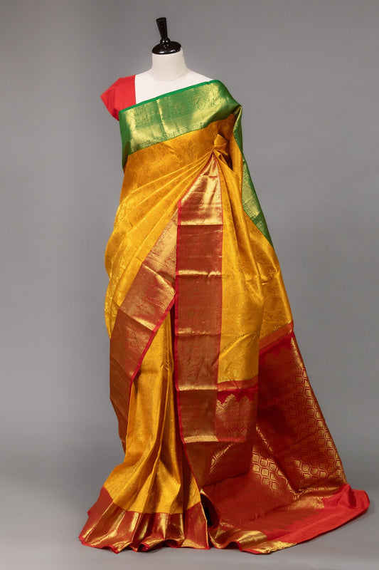 Yellow Kanjeevaram Silk Saree with Dual-Colored Borders in Golden Zari - swadeshsouq.com