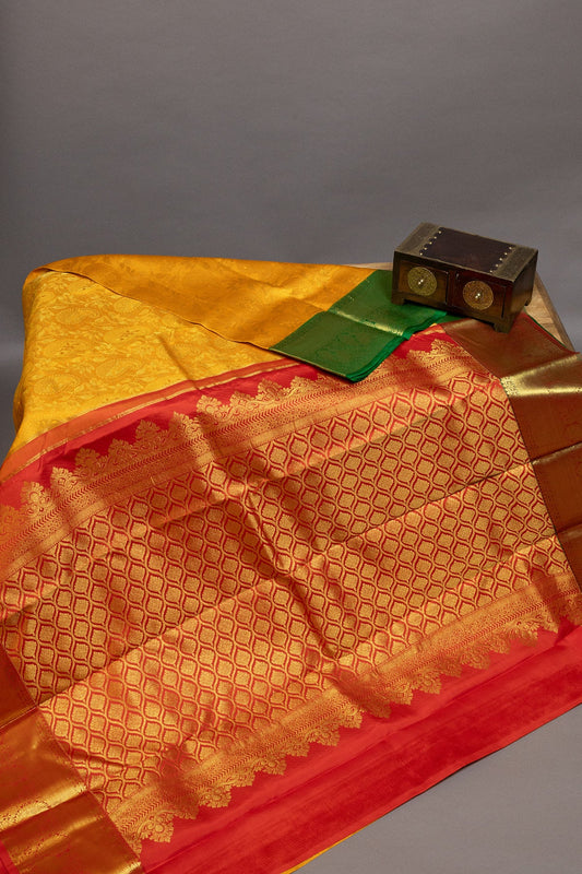 Yellow Kanjeevaram Silk Saree with Dual-Colored Borders in Golden Zari - swadeshsouq.com