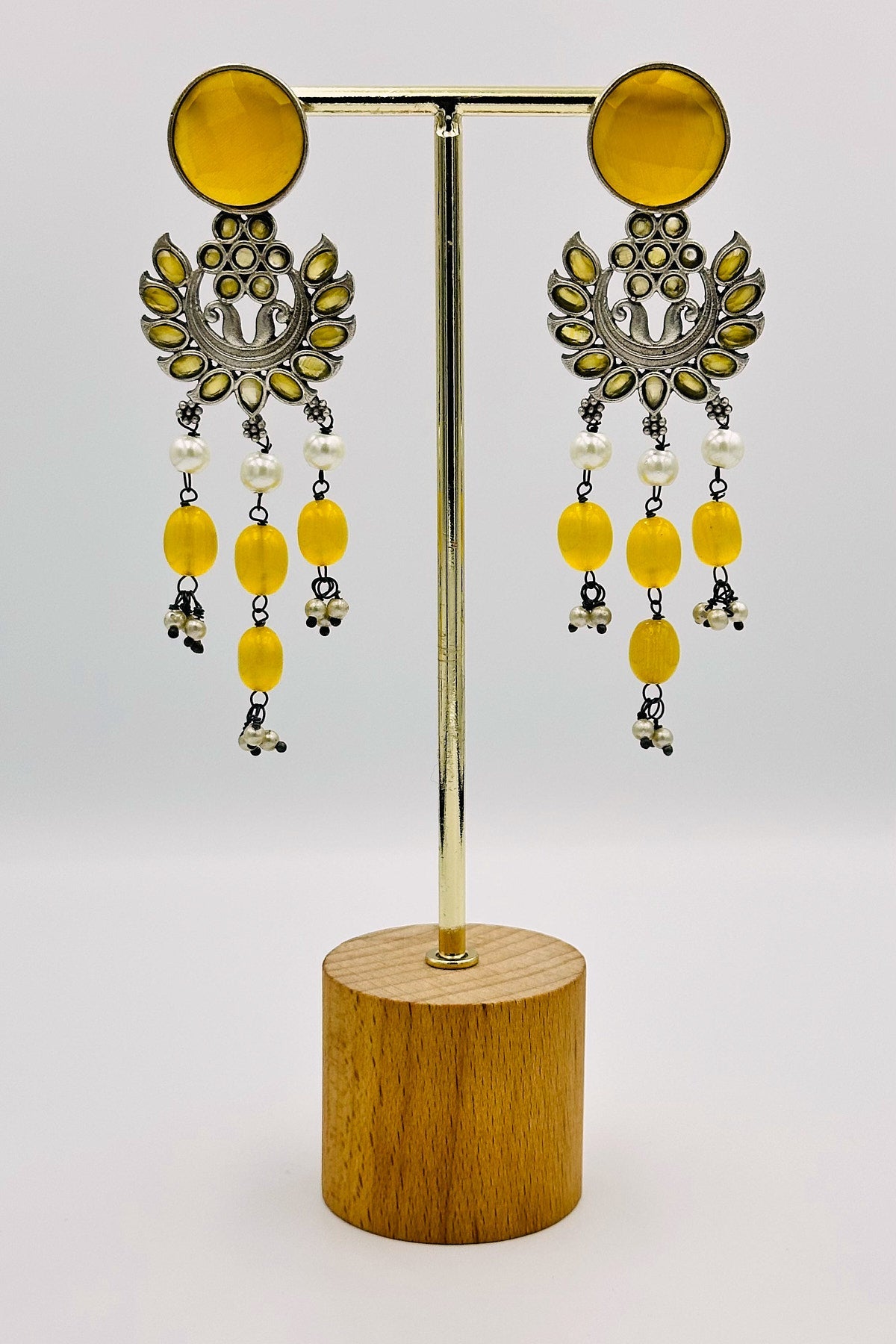 Yellow Silver Dangler Earrings with Beads & Pearls - swadeshsouq.com