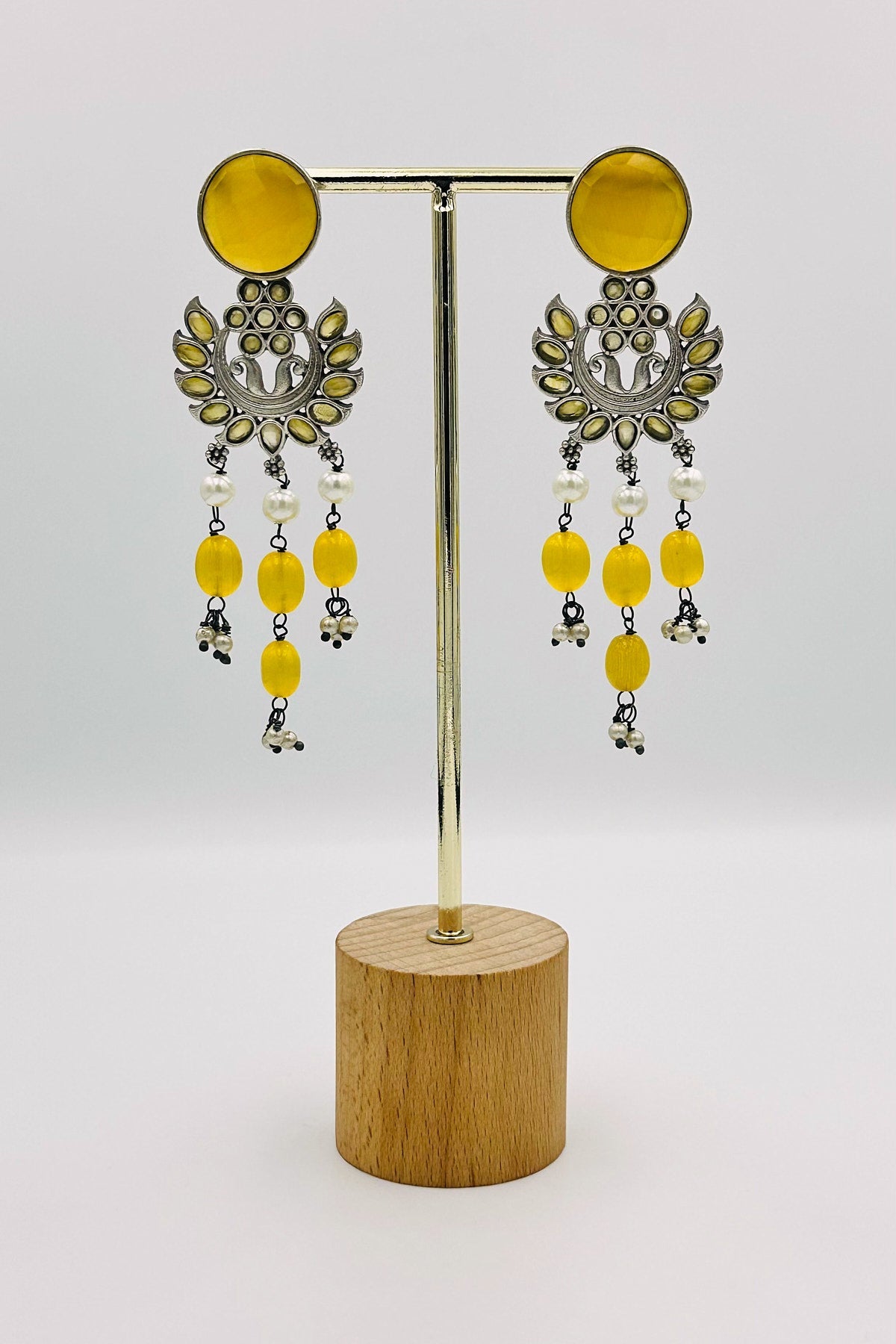 Yellow Silver Dangler Earrings with Beads & Pearls - swadeshsouq.com