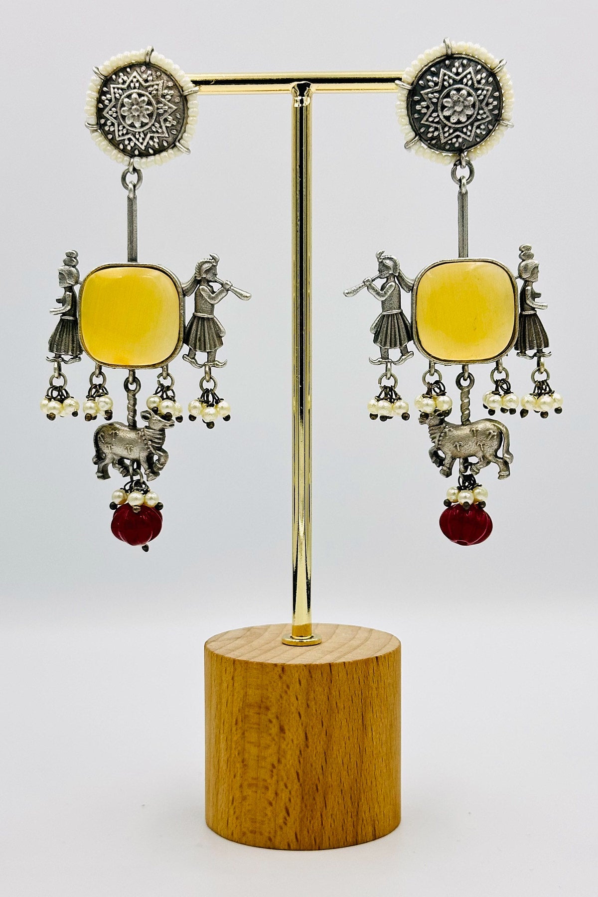 Yellow Silver Danglers with Artistic Intrigue - swadeshsouq.com