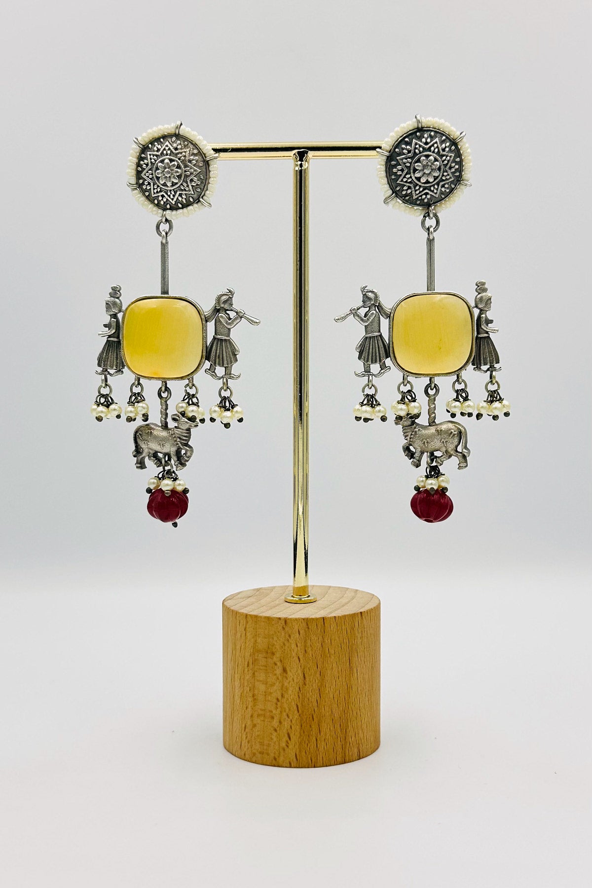 Yellow Silver Danglers with Artistic Intrigue - swadeshsouq.com