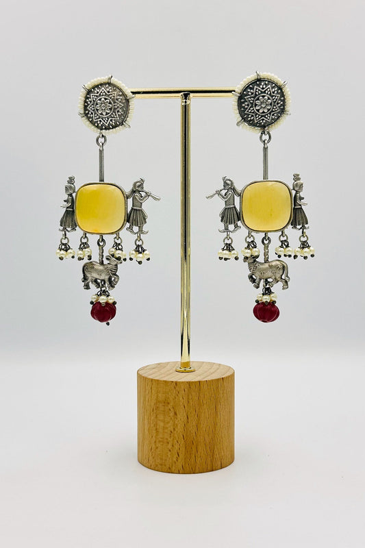 Yellow Silver Danglers with Artistic Intrigue - swadeshsouq.com