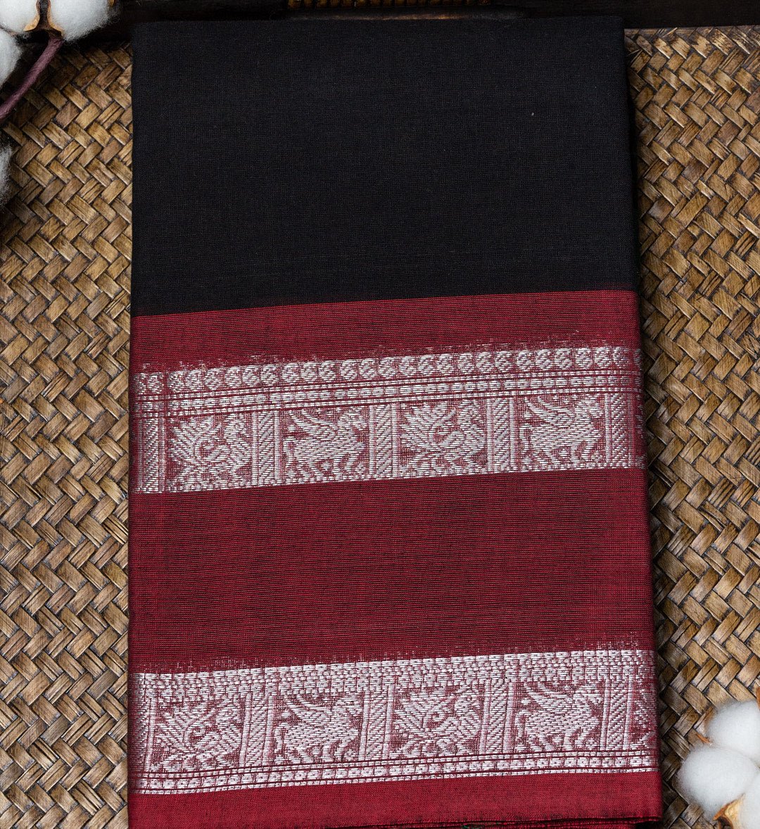 "Zari Elegance" - Black Chettinad Cotton Saree with Maroon and Green Silver Zari Border - swadeshsouq.com