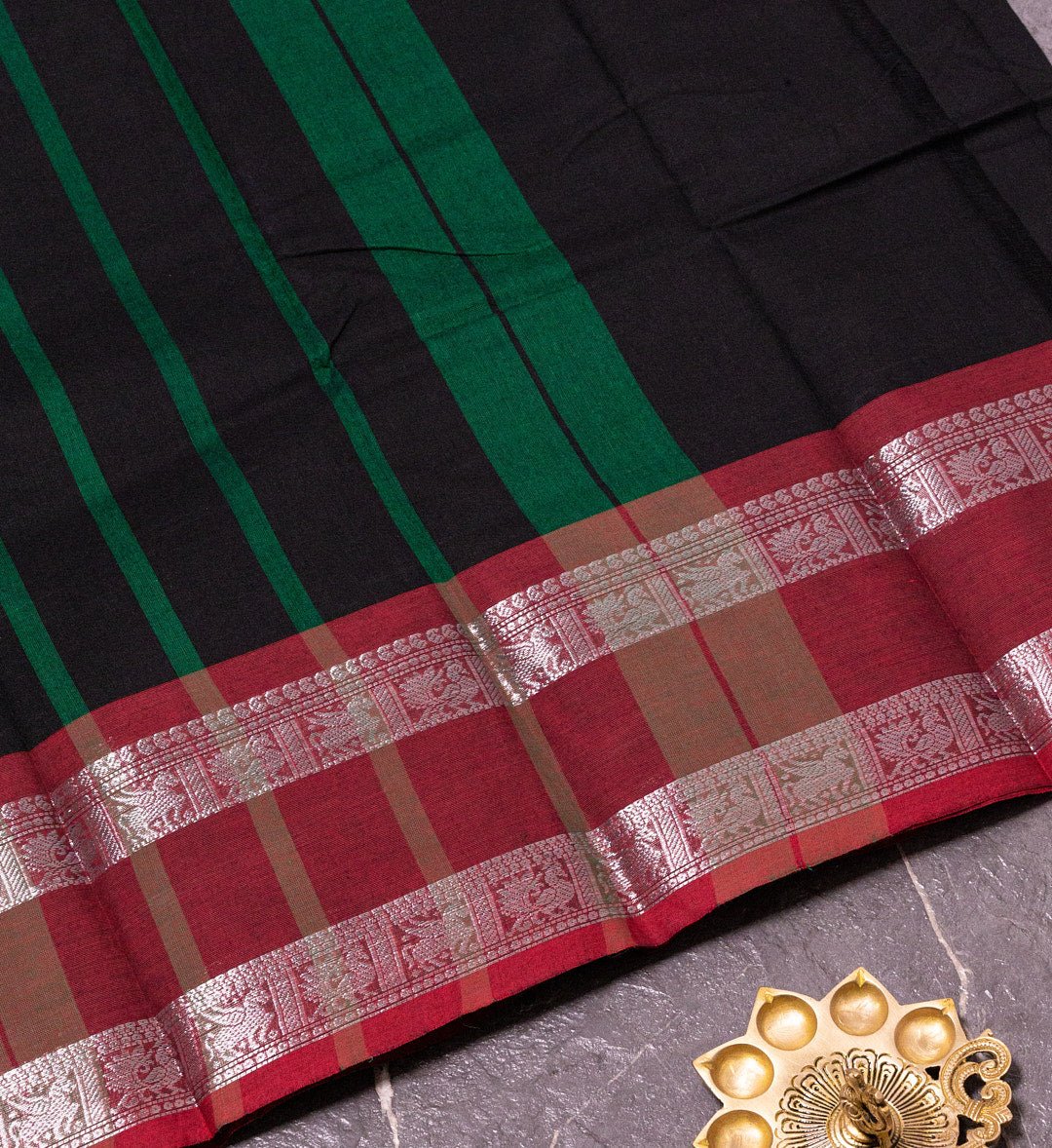 "Zari Elegance" - Black Chettinad Cotton Saree with Maroon and Green Silver Zari Border - swadeshsouq.com