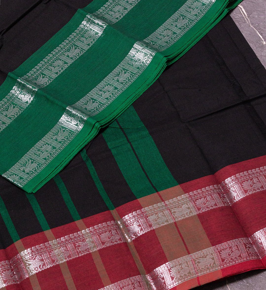 "Zari Elegance" - Black Chettinad Cotton Saree with Maroon and Green Silver Zari Border - swadeshsouq.com